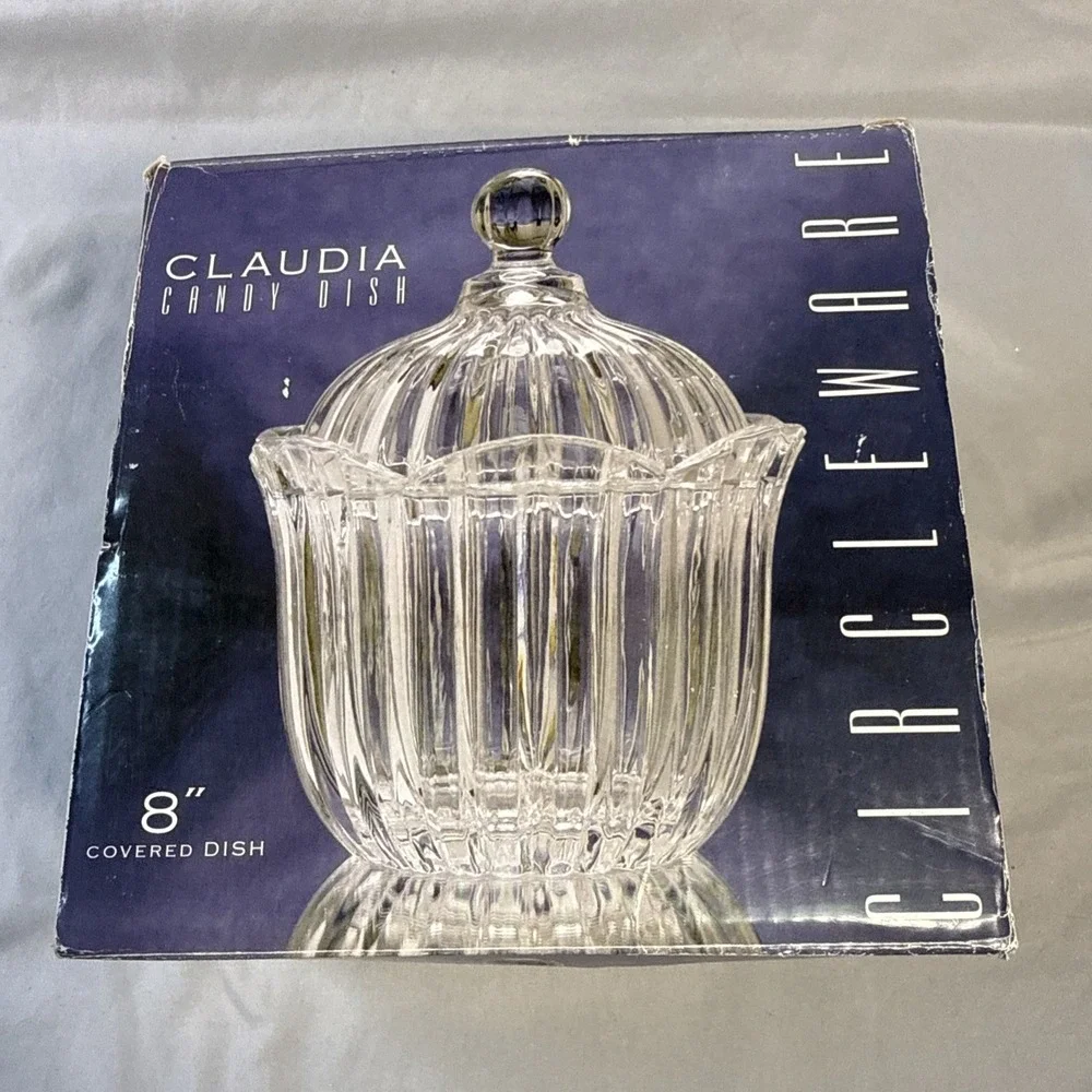 Circleware Claudia Clear Crystal Candy Jar 8 Inch Fluted Lidded Dish Boxed